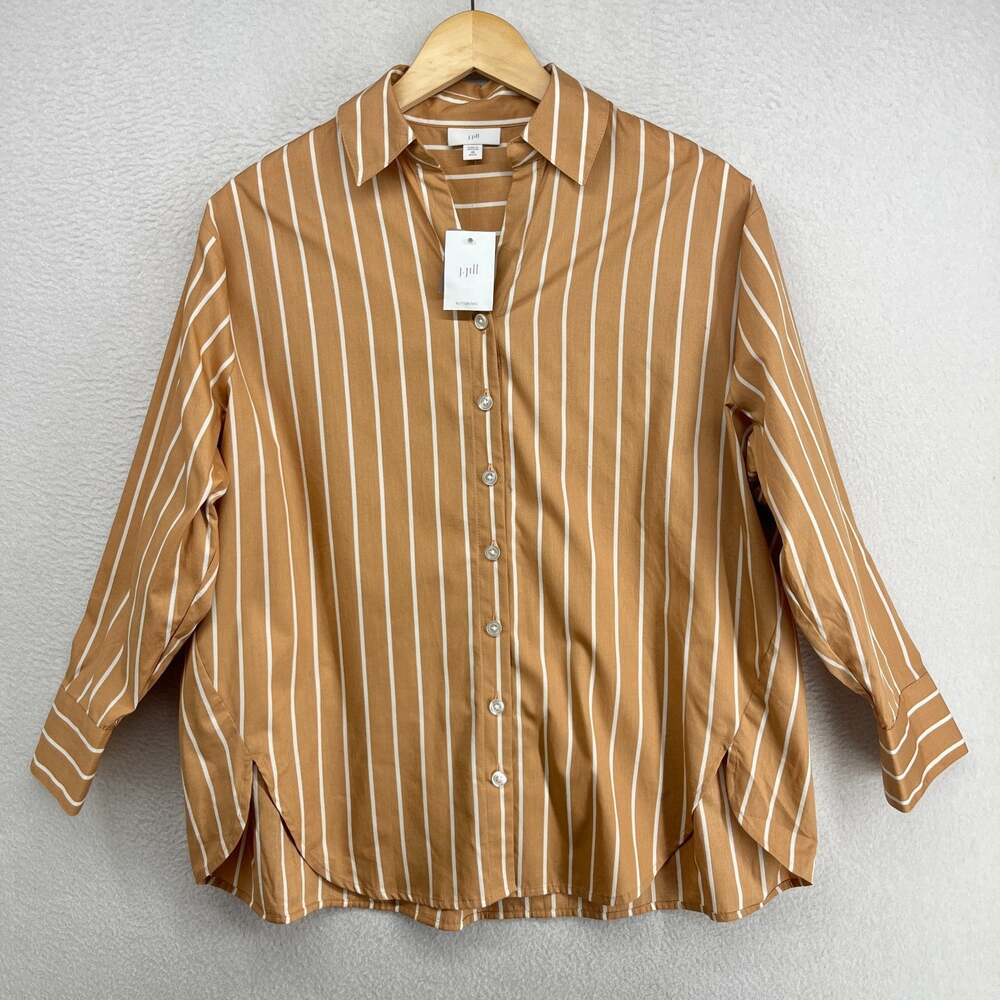 J.JILL Top PXS Oversized Button Up Shirt Tunic Striped Poplin Cotton Brown NEW
